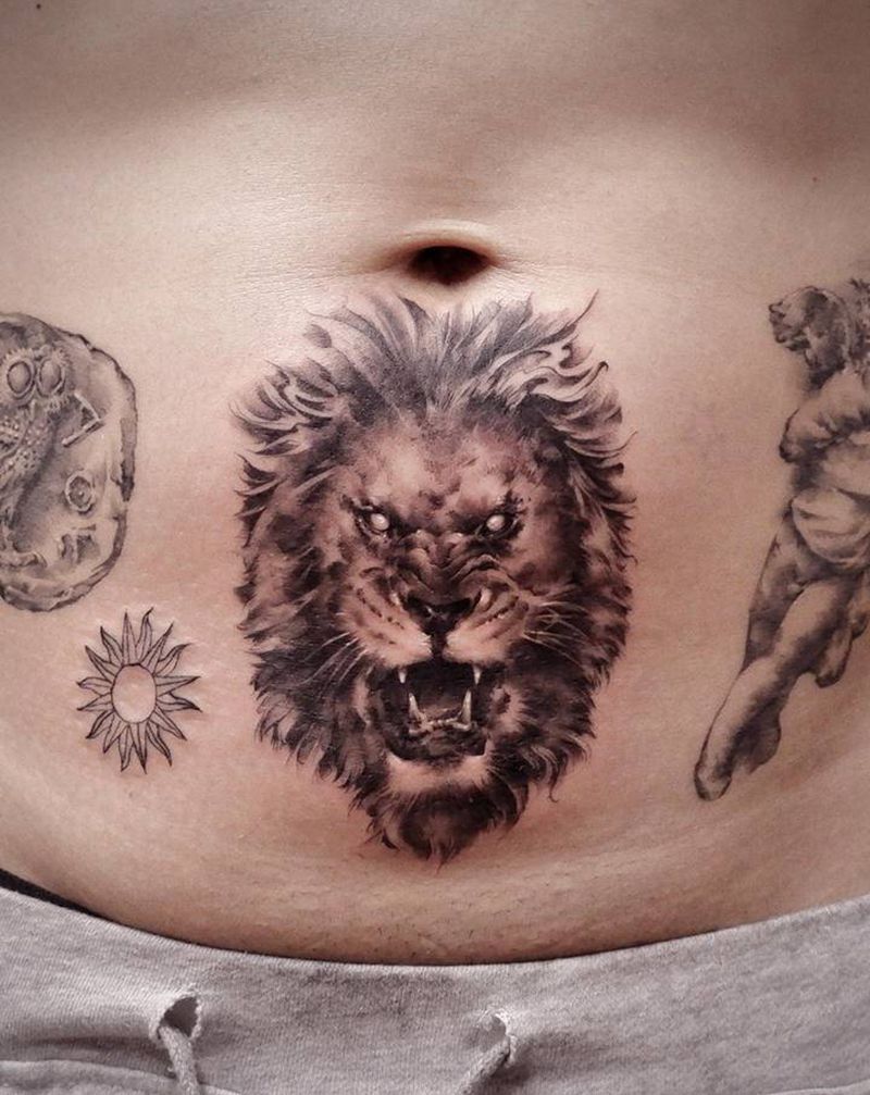 艾欧里亚纹身图片_腹部欧美写实点刺勇气守护狮子纹身图案