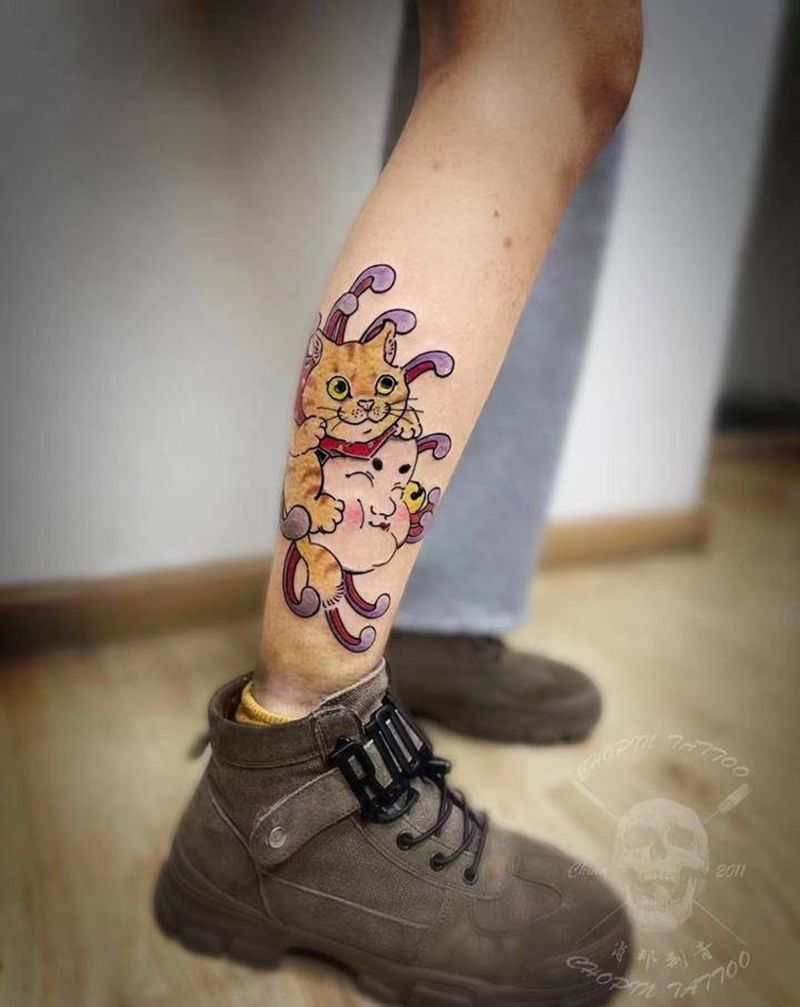日式猫纹身图片_腿部老传统纹身图案