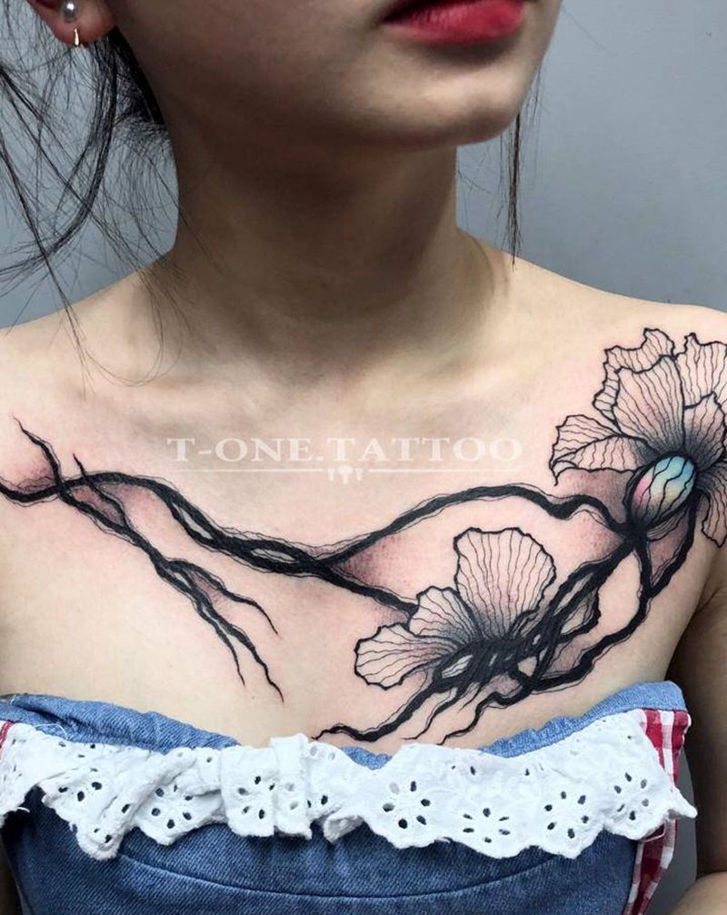 T-one纹身图片_胸部水墨遮盖纹身图案