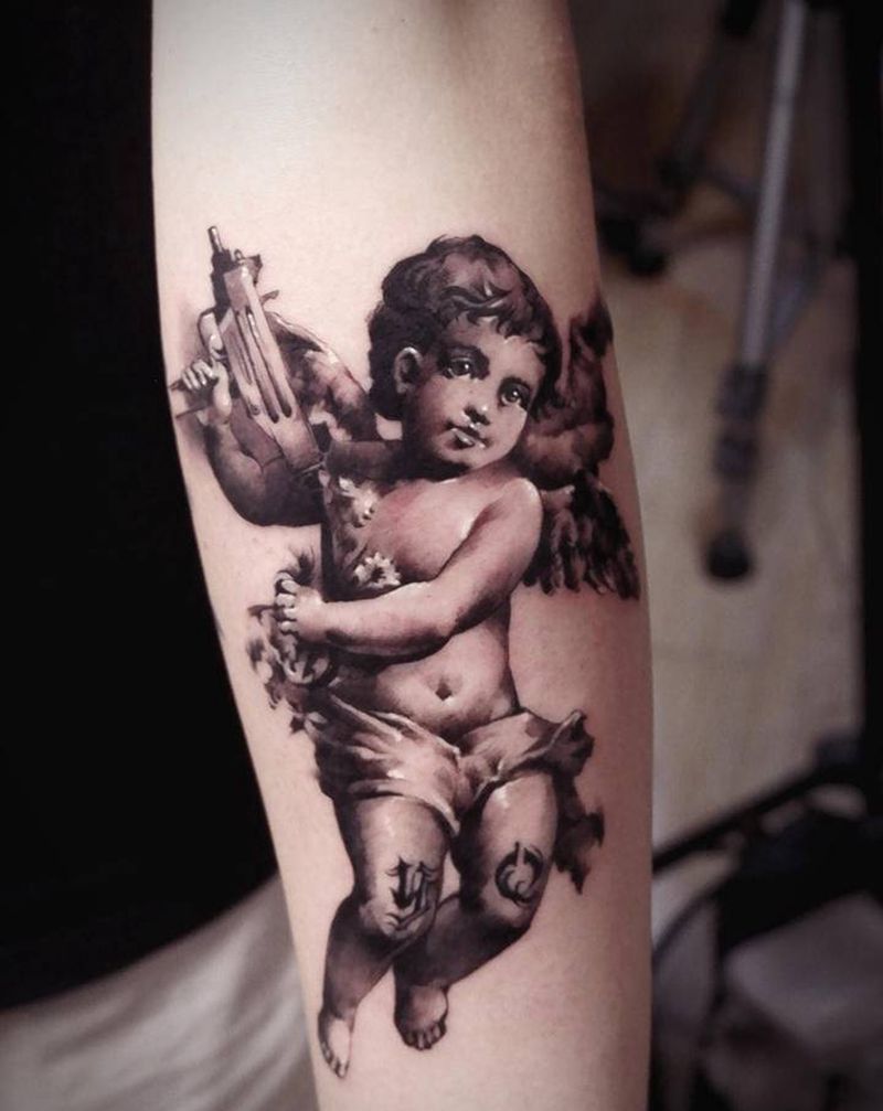 天使纹身图片_手臂欧美写实天使纹身图案