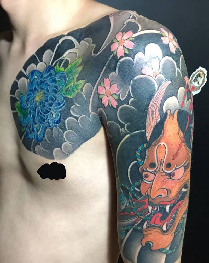 日式老传统纹身图片_胸部手臂老传统菊花 般若纹身图案