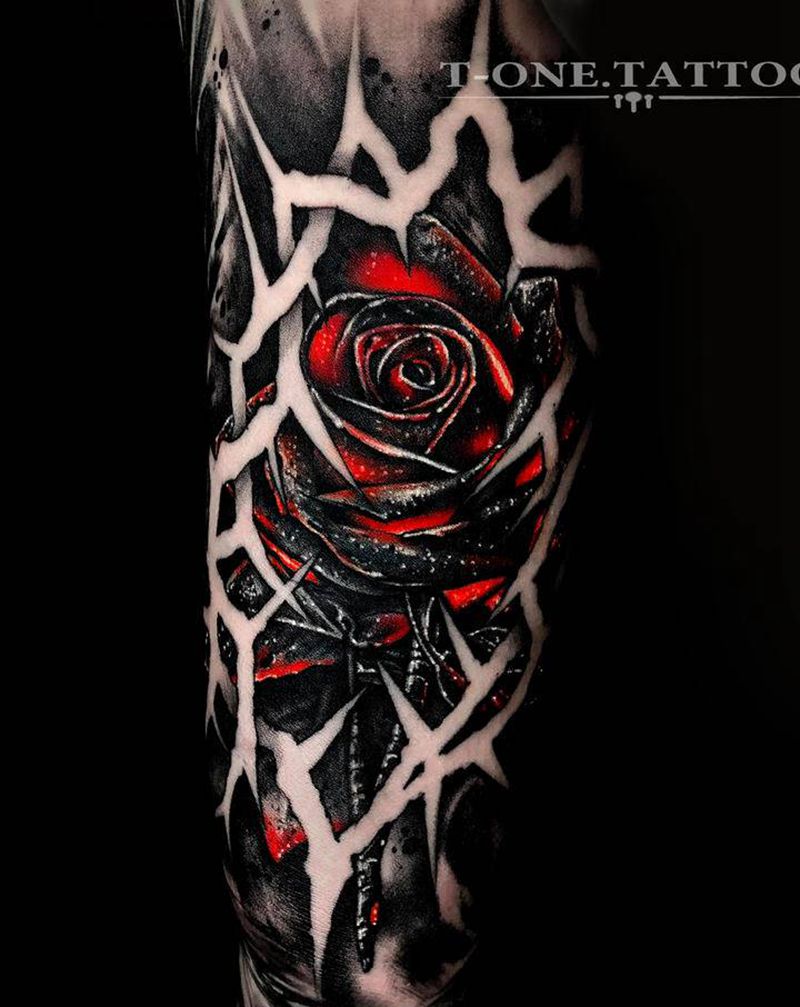 T-one Tattoo纹身图片_手臂玫瑰 暗黑纹身图案