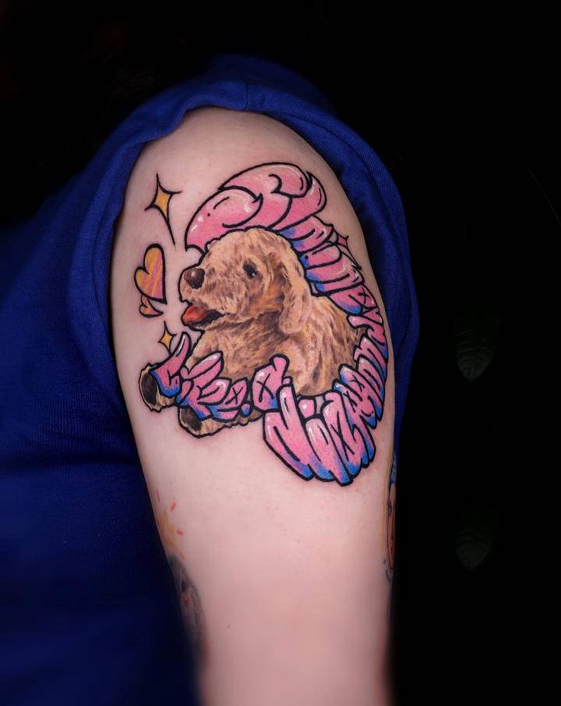 宜家的玩具狗纹身图片_手臂肩部欧美写实狗彩色写实纹身图案