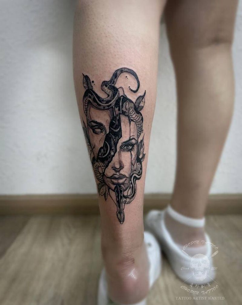 分裂纹身图片_腿部暗黑纹身图案