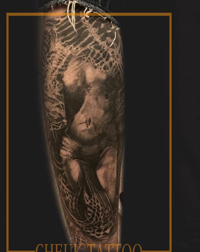 三体纹身图片_手臂欧美写实New School纹身图案