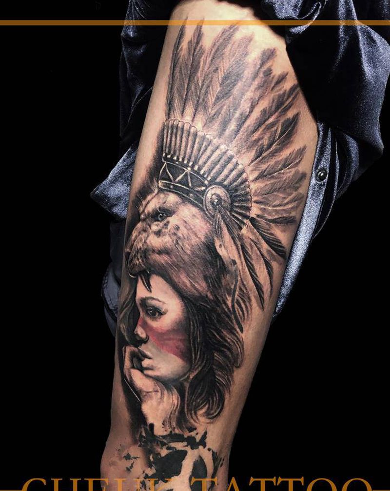 印第安纹身图片_腿部欧美写实New School纹身图案