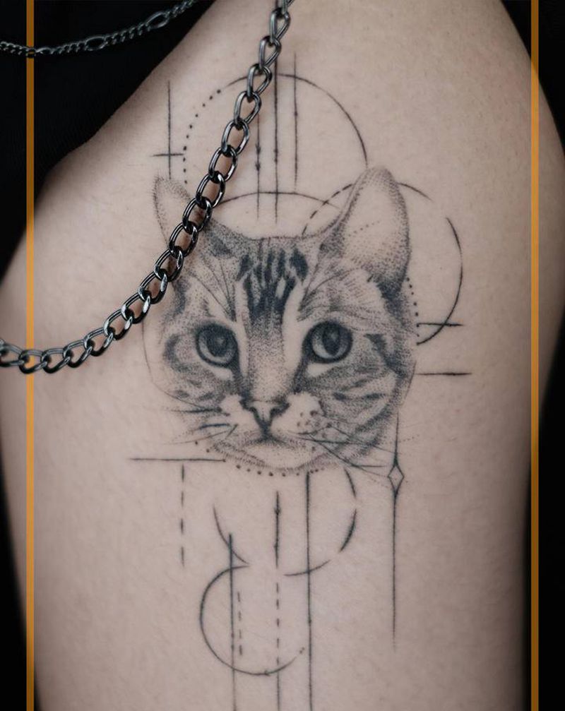 已恢复猫咪纹身图片_腿部欧美写实New School纹身图案