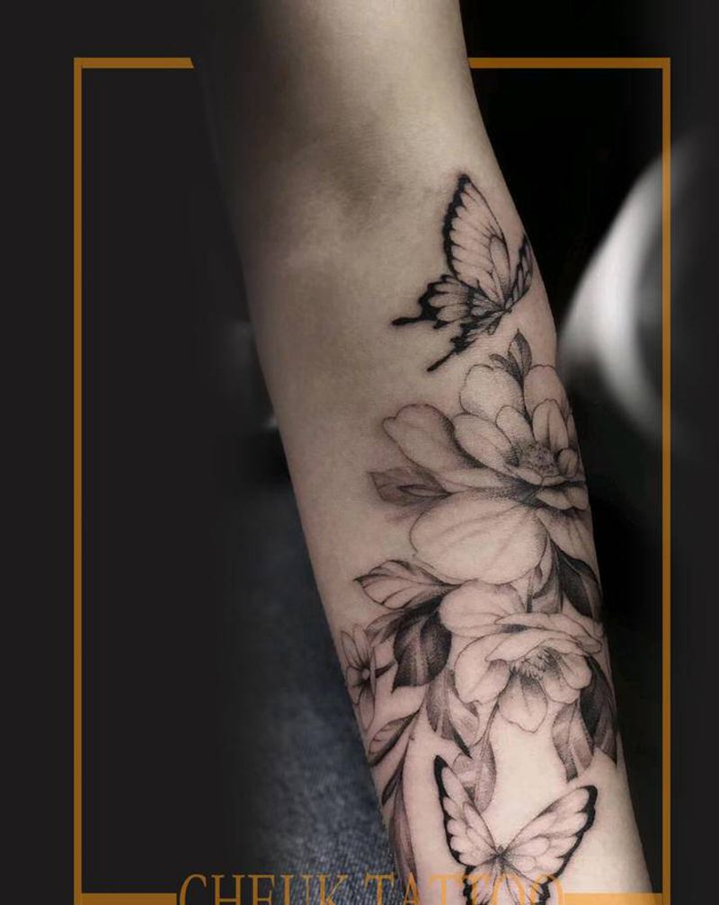 素花纹身图片_手臂点刺水彩纹身图案