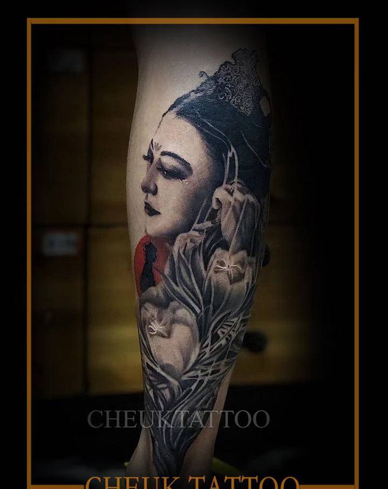 肖像纹身图片_腿部欧美写实New School纹身图案