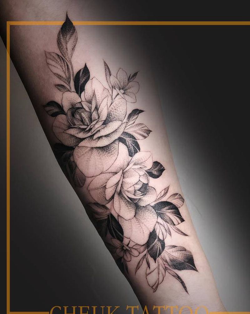 素花艺术纹身图片_手臂点刺欧美写实纹身图案