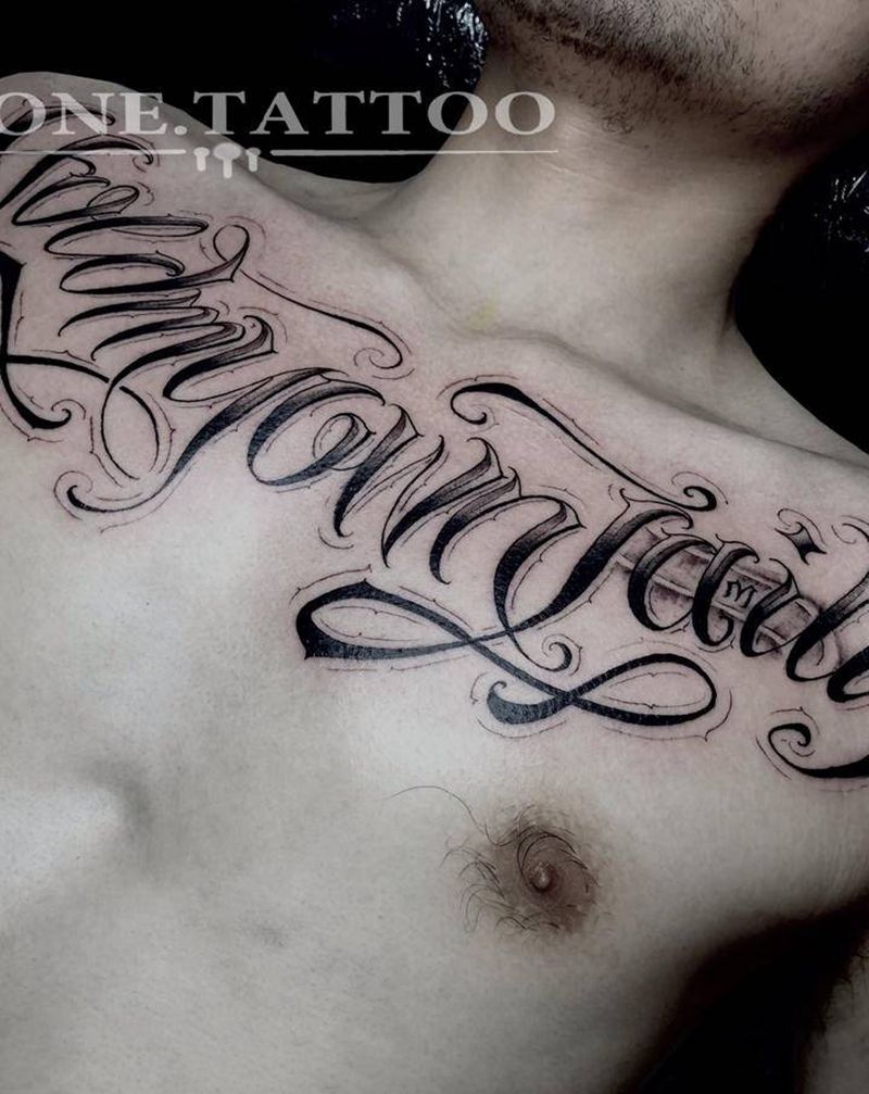 T-one Tattoo纹身图片_胸部花体字手绘纹身图案