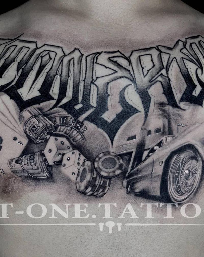 T-one Tattoo纹身图片_胸部欧美写实花体字原创纹身图案