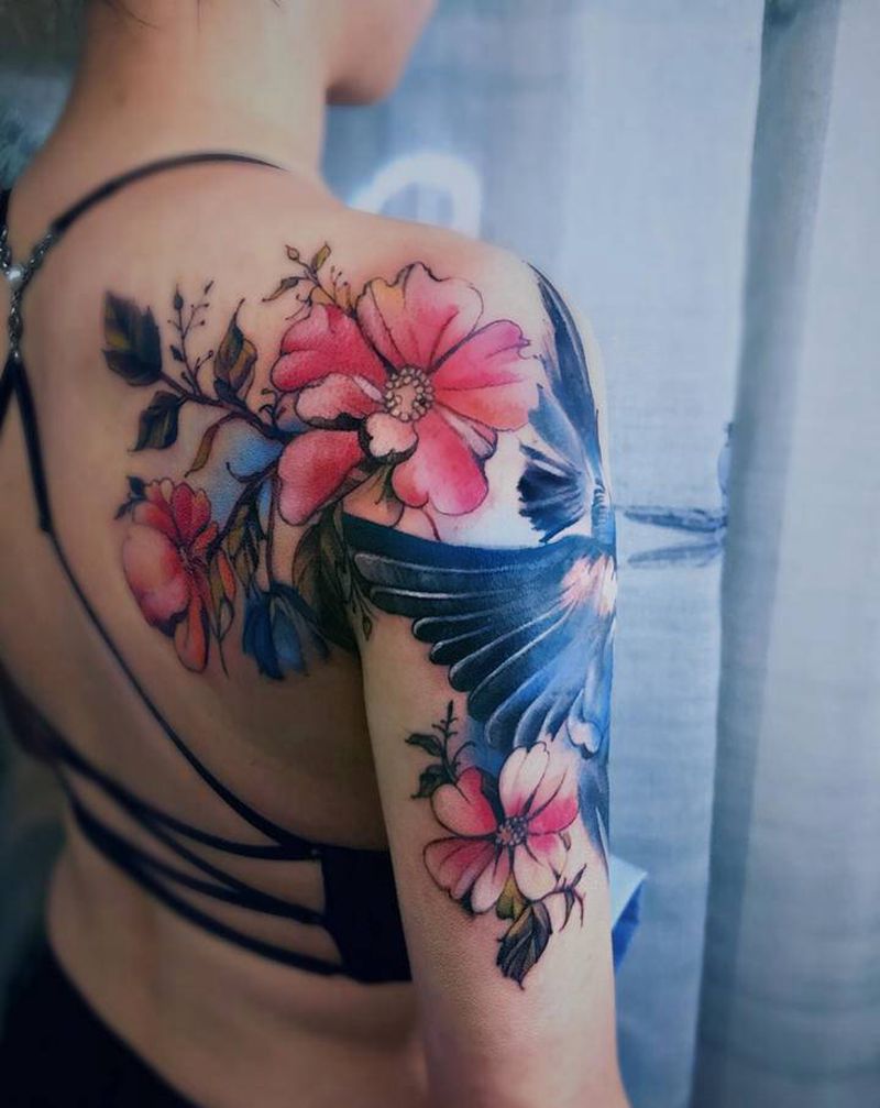 花鸟 水墨纹身图片_手臂背部水彩水墨遮盖纹身图案