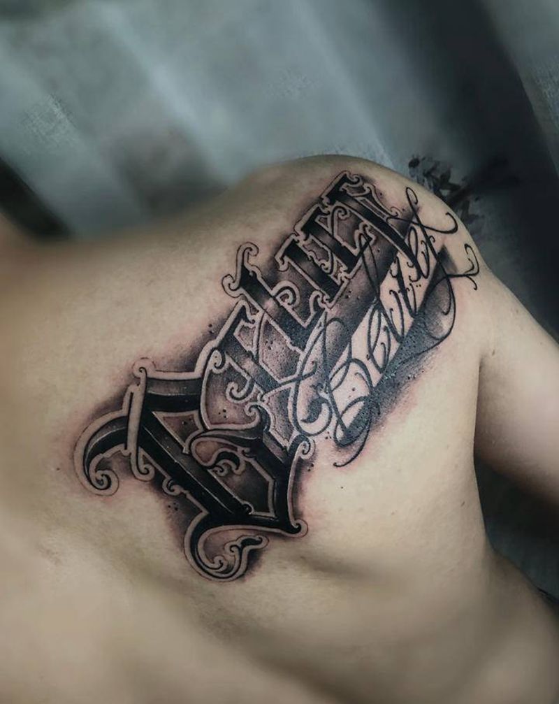 花体✍️纹身图片_肩部背部花体字欧美写实纹身图案