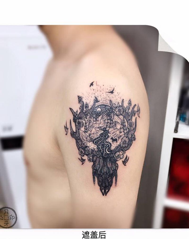 遮盖旧纹身纹身图片_手臂新传统遮盖山水清新纹身图案