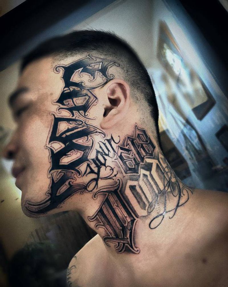 Enjoy  your sel纹身图片_颈部花体字欧美写实纹身图案