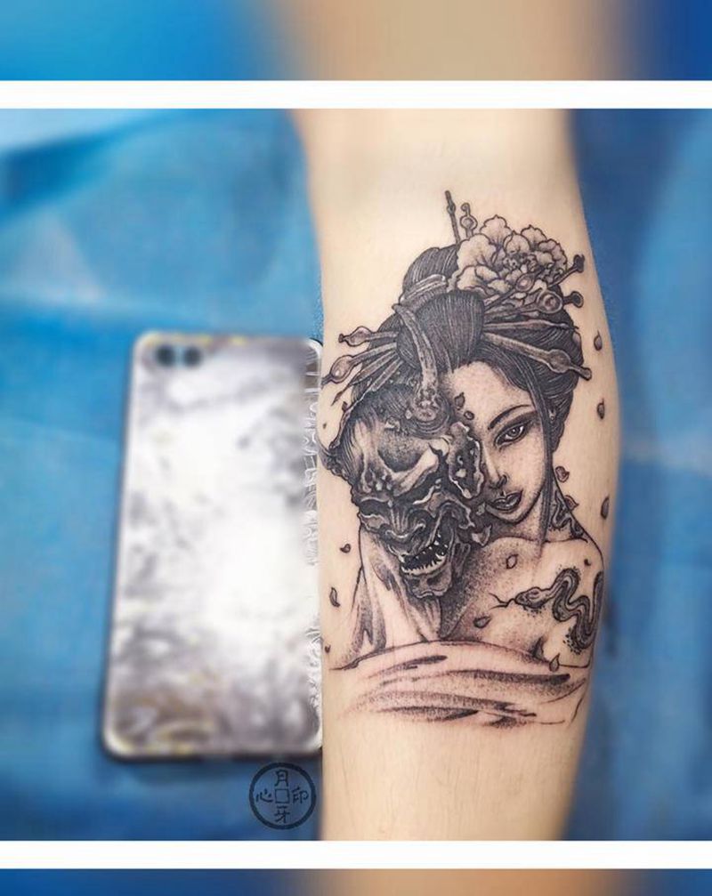 艺伎纹身图片_腿部新传统艺伎迷你纹身图案