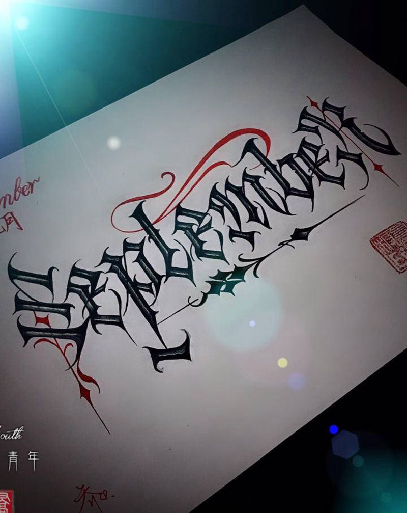 原创设计纹身图片_手臂花体字奇卡诺一稿一次英文纹身图案