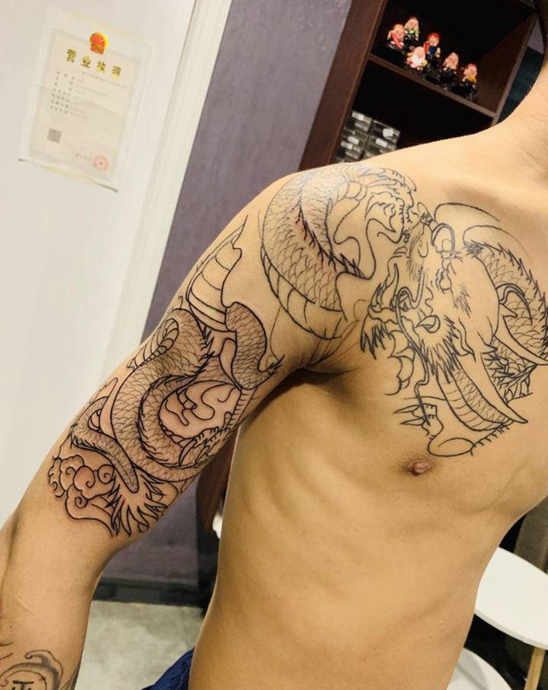 龙半甲纹身图片_肩部手臂纹身图案