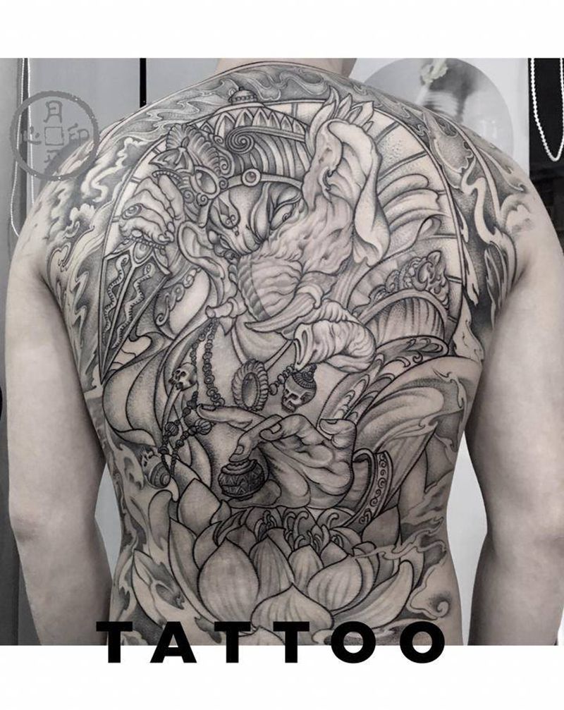 象神纹身图片_背部新传统象神满背恢复后纹身图案