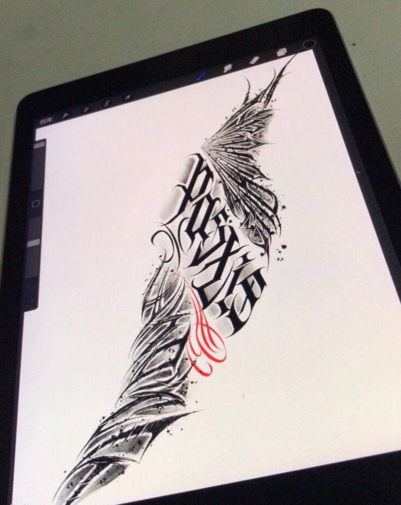 私人订制原创设计纹身图片_腿部花体字暗黑花体原创设计纹身图案