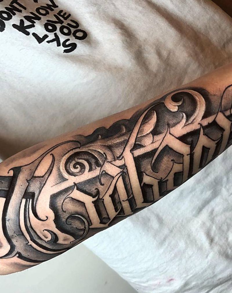 花体字纹身图片_手臂花体字欧美写实纹身图案