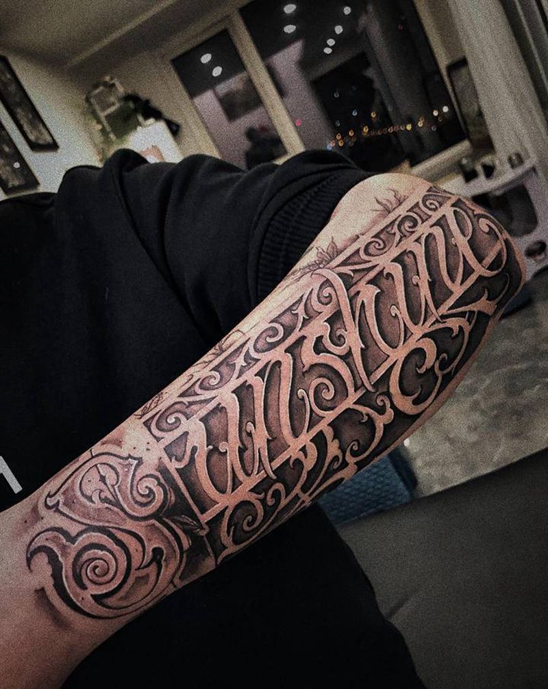 花体✍️纹身图片_手臂花体字欧美写实纹身图案