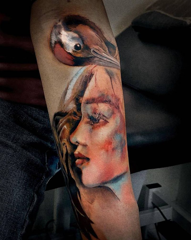 彩色肖像纹身图片_手臂欧美写实水彩纹身图案