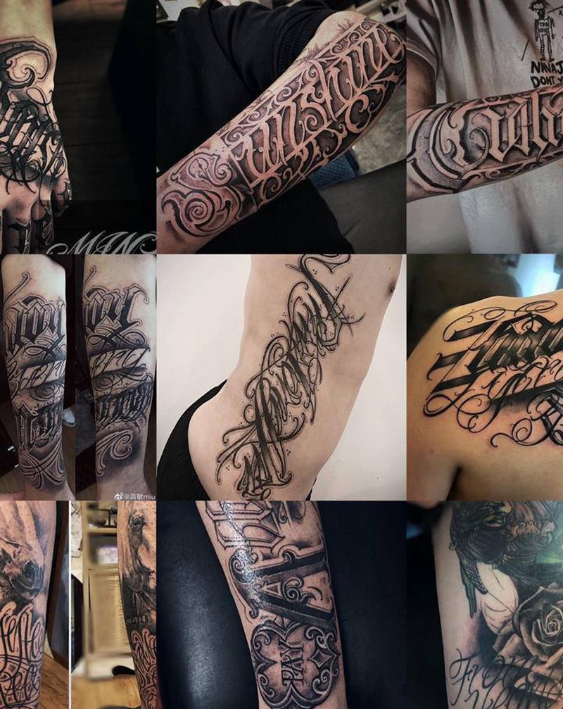 花体纹身图片_欧美写实花体字纹身图案
