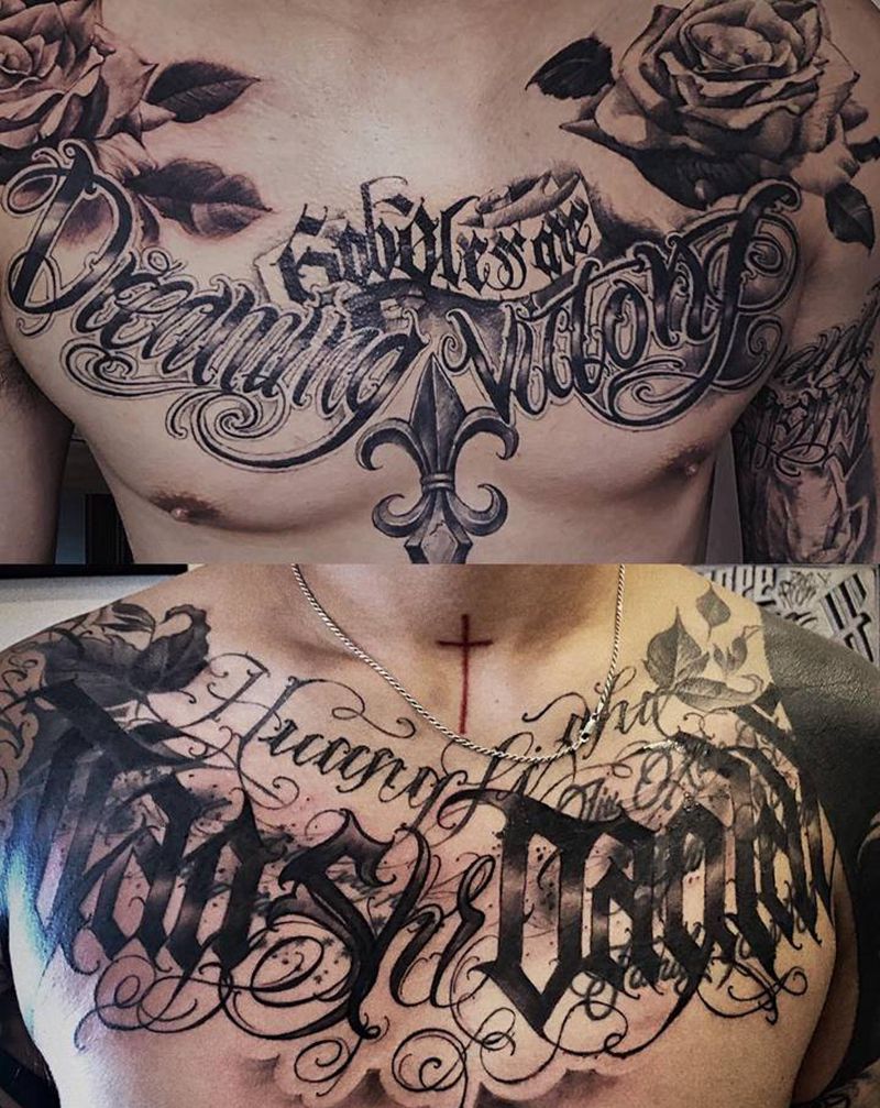 花胸纹身图片_胸部花体字欧美写实纹身图案