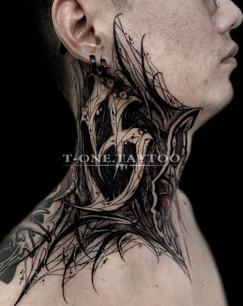 T-one纹身图片_颈部欧美写实暗黑原创纹身图案