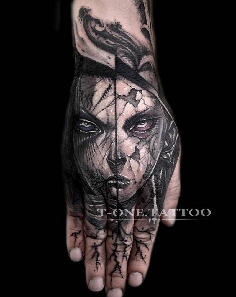 T-one纹身图片_手部欧美写实暗黑原创纹身图案