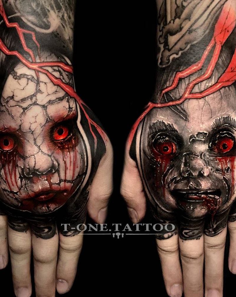 T-one纹身图片_手部欧美写实暗黑原创手背纹身图案