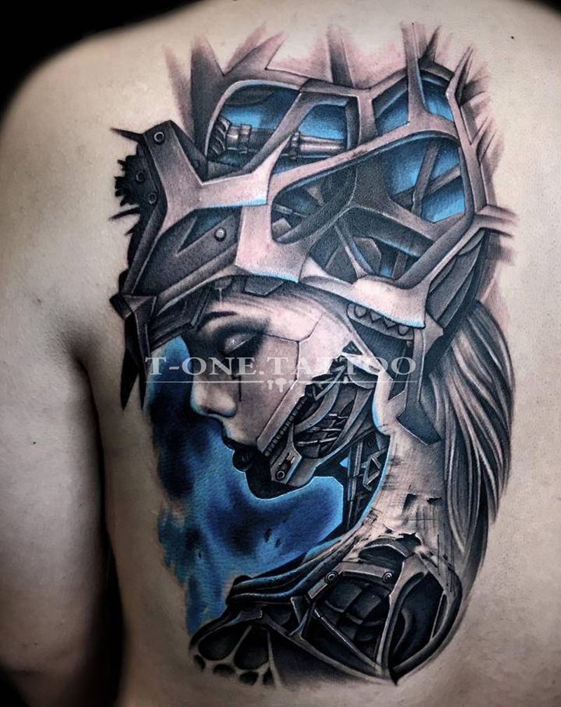 T-one纹身图片_背部欧美写实赛博朋克纹身图案
