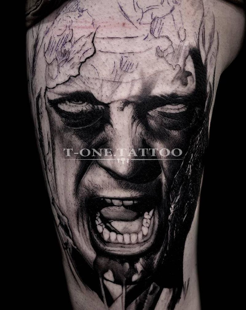 T-one .纹身图片_腿部欧美写实暗黑纹身图案