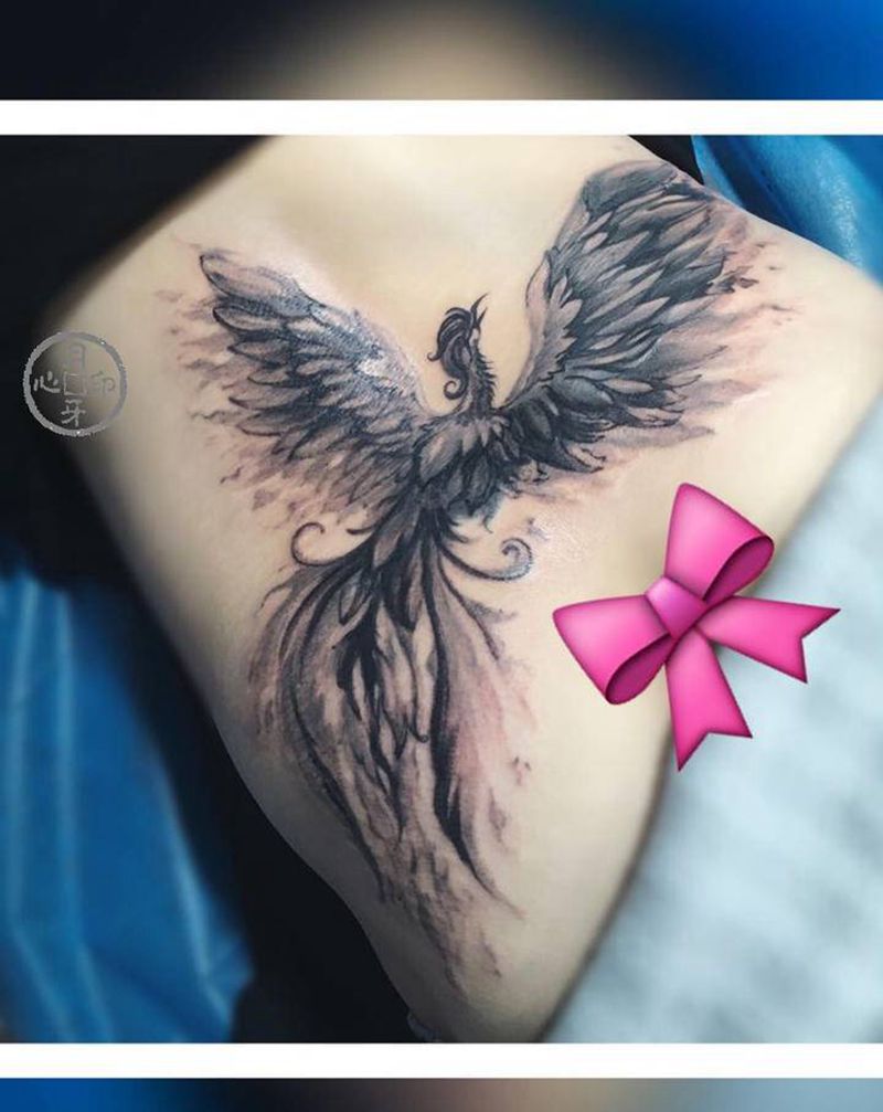 旧纹身遮盖纹身图片_腰部水墨旧遮盖凤凰纹身图案