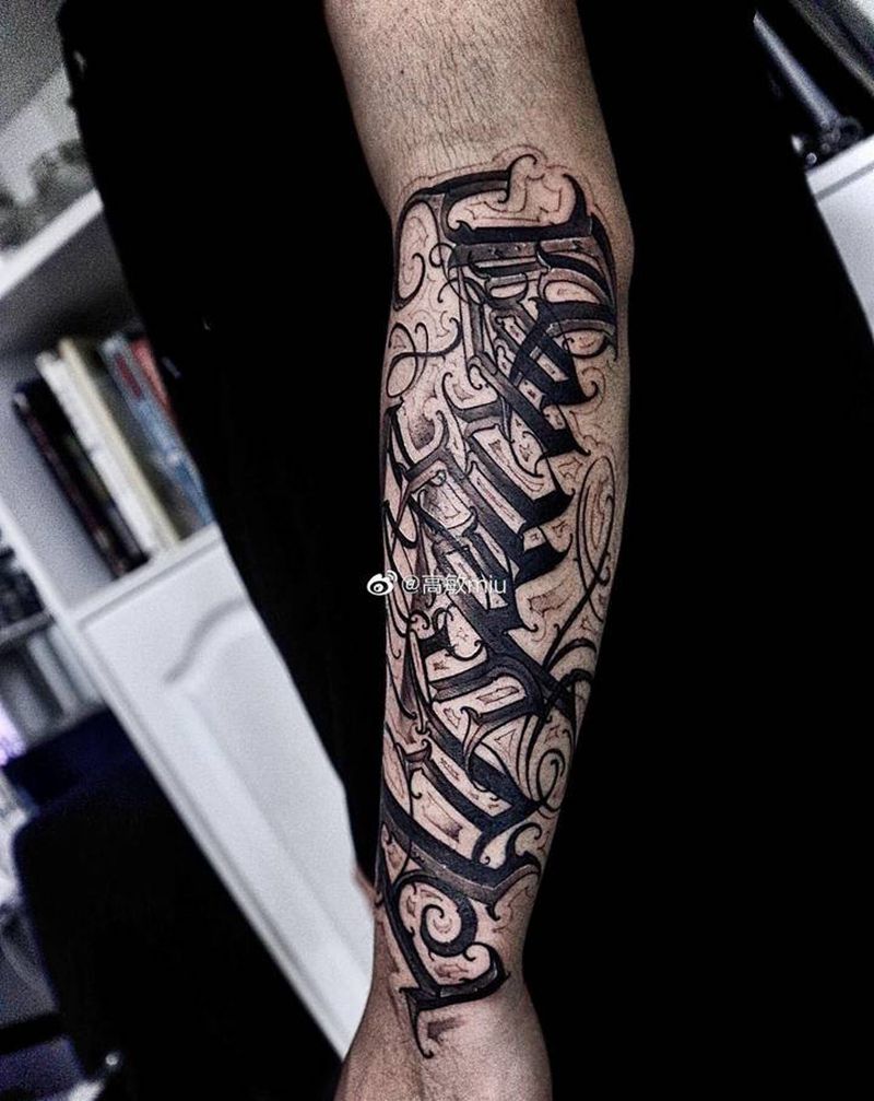 花体纹身图片_手臂花体字欧美写实纹身图案