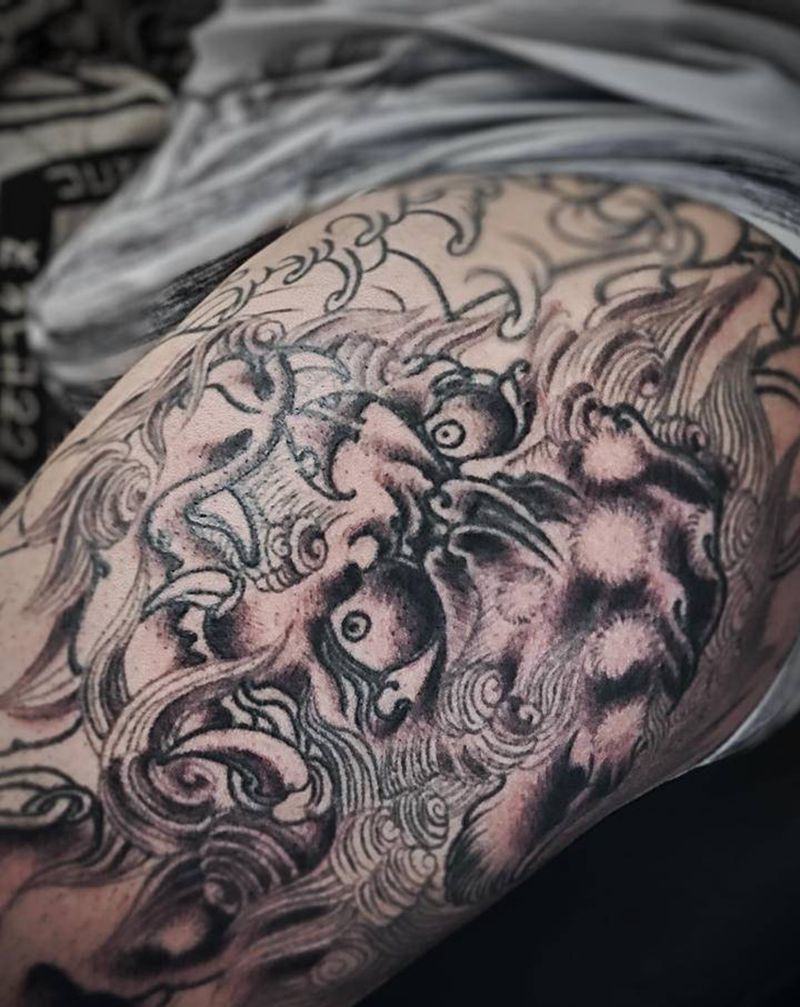 唐狮包腿和工作花絮纹身图片_腿部新传统纹身图案