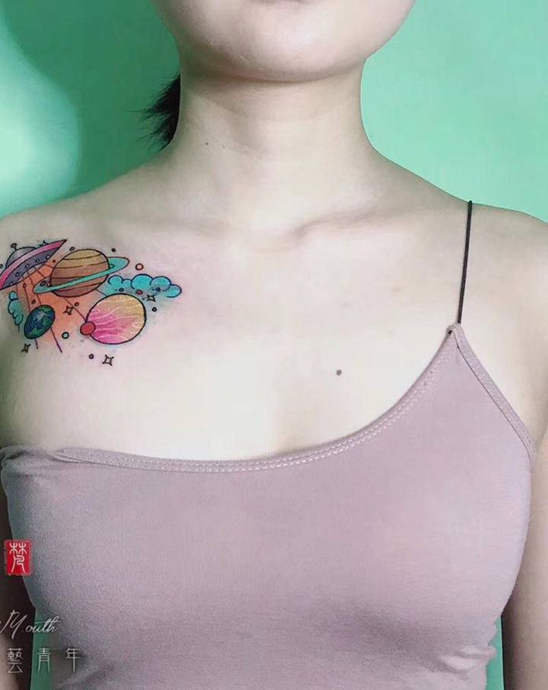 卡通星球遮盖纹身图片_颈部New School纹身图案