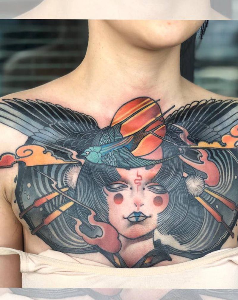 花胸纹身图片_胸部New School纹身图案