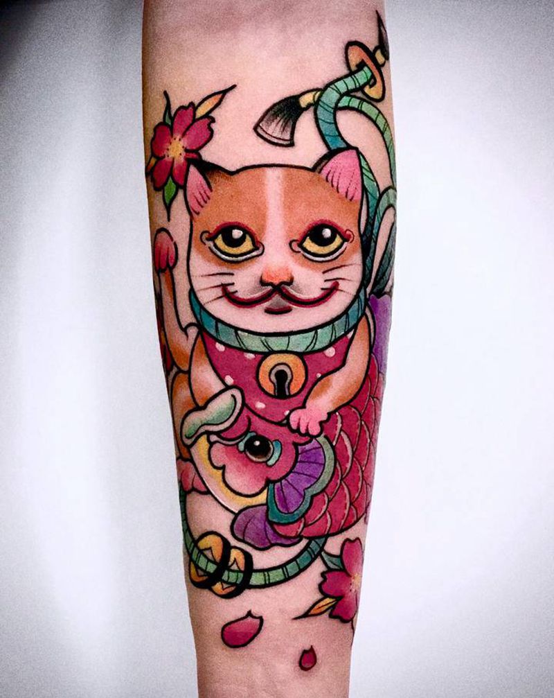 招财猫纹身图片_手臂New School纹身图案