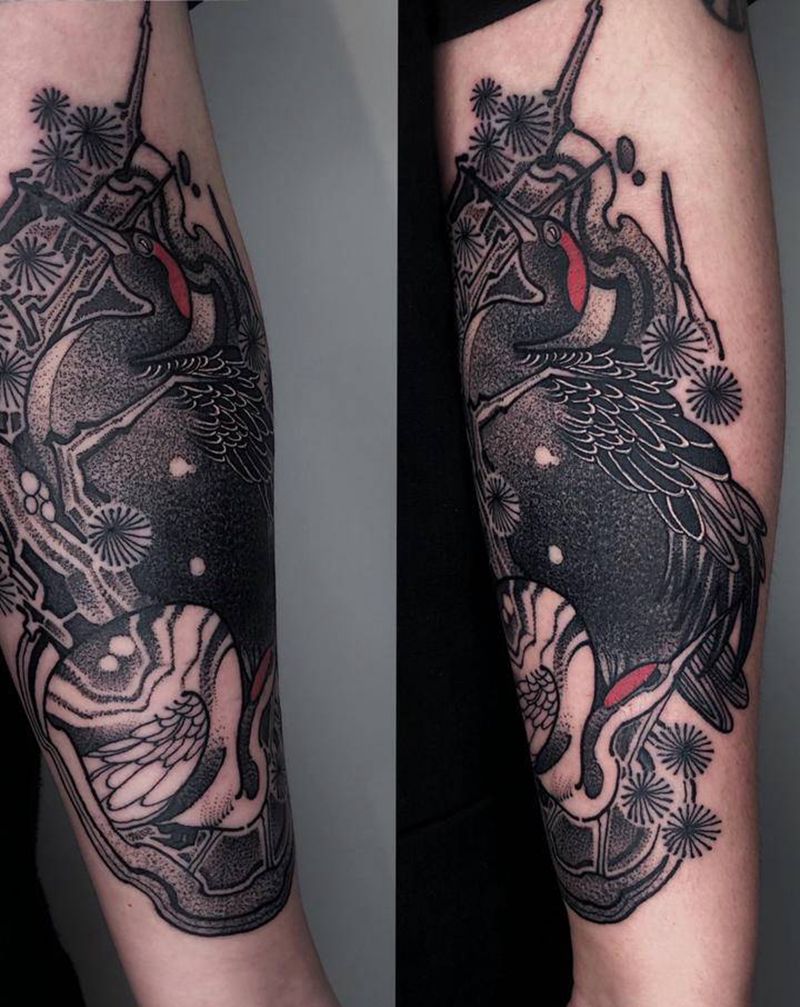 仙鹤遮盖纹身图片_手臂仙鹤纹身图案