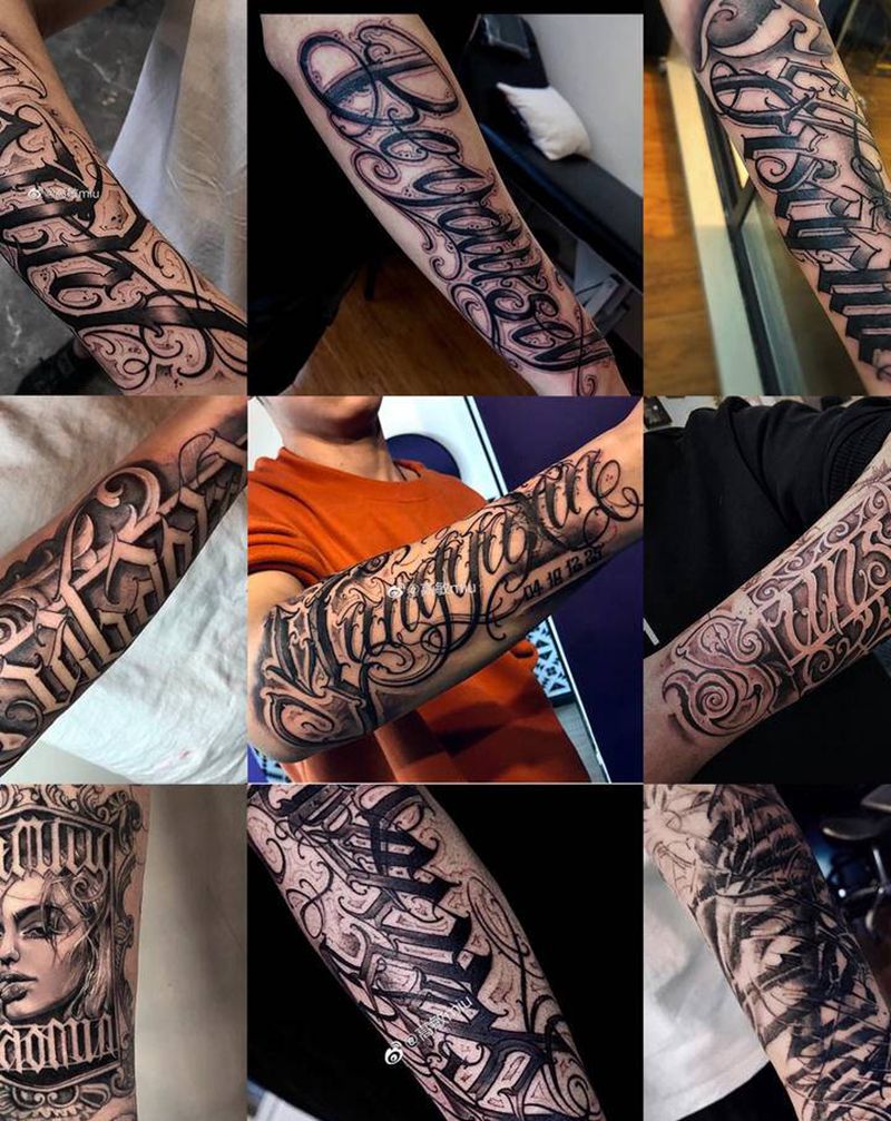 近期花体纹身图片_手臂手部花体字欧美写实纹身图案