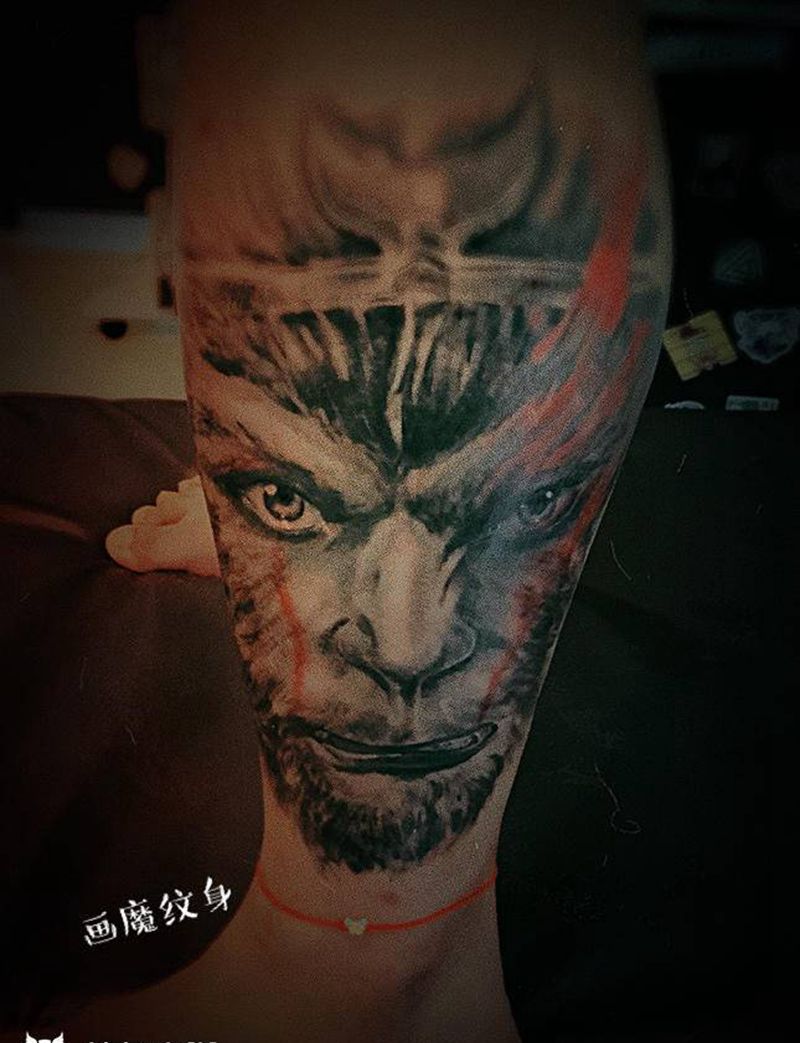 烈焰悟空纹身图片_腿部欧美写实纹身图案