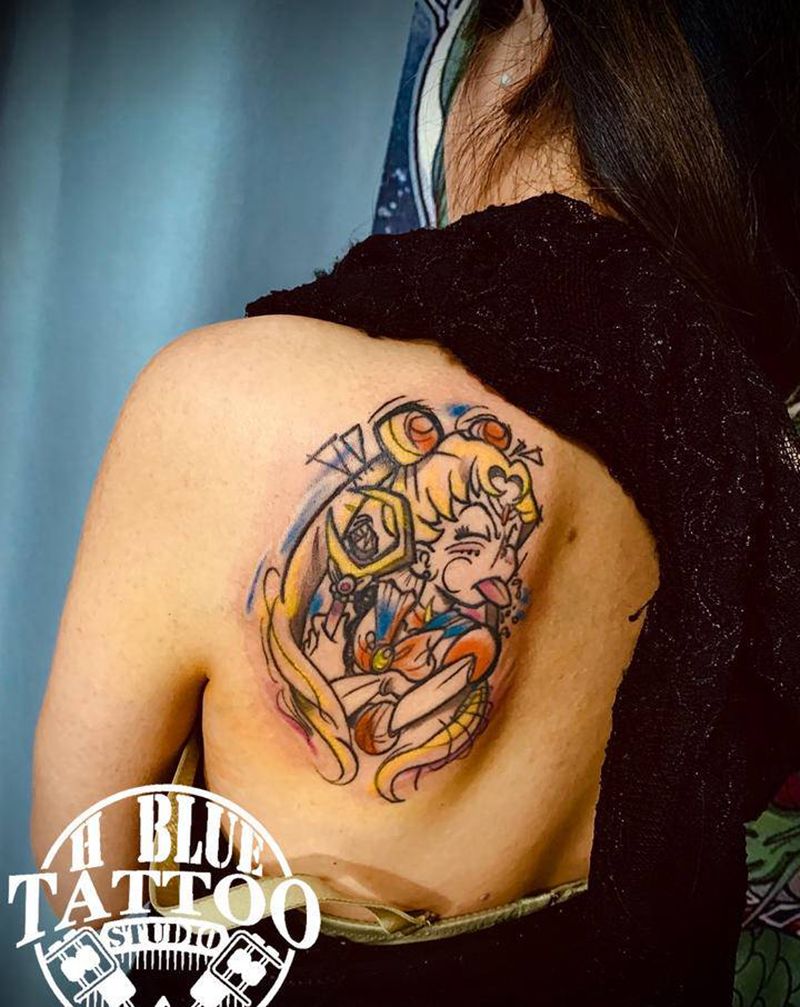 美少女战士纹身图片_背部水彩纹身图案