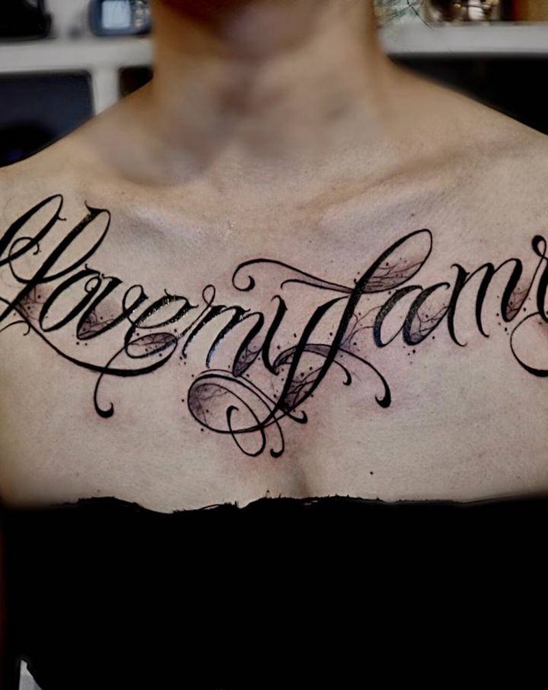 work 花体纹身图片_胸部花体字纹身图案