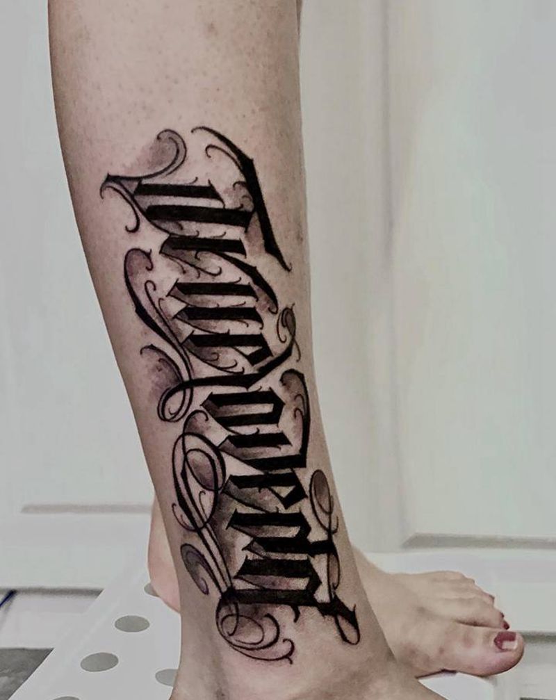 花体遮盖纹身图片_腿部花体字纹身图案