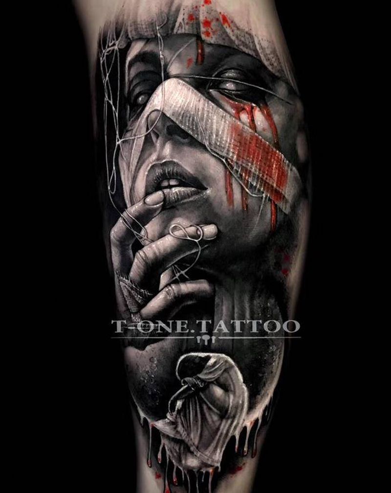 T-one纹身图片_腿部欧美写实人物暗黑纹身图案