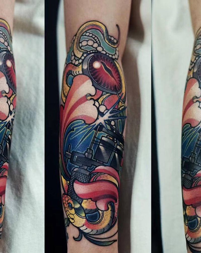 蛇与纹身机纹身图片_手臂New School蛇机纹身图案