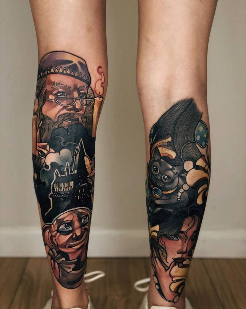 旧纹身遮盖纹身图片_腿部New School纹身图案